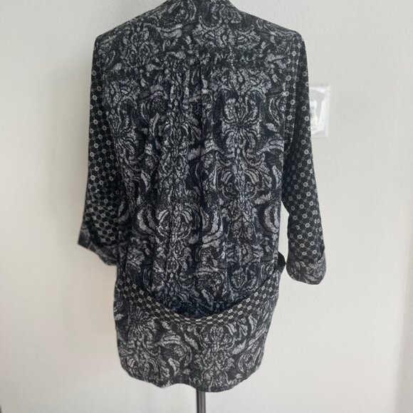 BOHO EMO BLACK & WHITE KIMONO BLOUSE 3/4 SLEEVE COLLARLESS SHAKET SZ 6 PREPPY - Picture 7 of 15